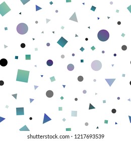 Light Blue, Green vector seamless layout with circles, lines, rectangles. Illustration with set of colorful circles, triangles, squares. Pattern for trendy fabric, wallpapers.