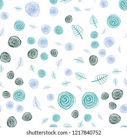 Light Blue, Green vector seamless doodle layout with leaves and flowers. Abstract illustration with leaves, flowers in doodles style. Template for business cards, websites.