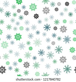 Light Blue, Green vector seamless cover with beautiful snowflakes. Blurred decorative design in xmas style with snow. Trendy design for wallpaper, fabric makers.