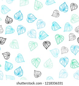 Light Blue, Green vector seamless elegant background with leaves. Sketchy doodles with leaves on blurred background. Template for business cards, websites.