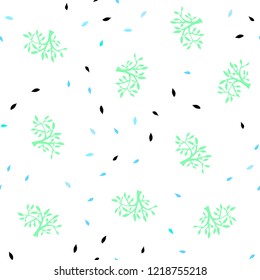 Light Blue, Green vector seamless doodle background with leaves, branches. Colorful abstract illustration with leaves in doodle style. Texture for window blinds, curtains.