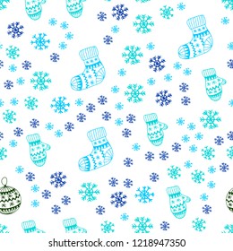 Light Blue, Green vector seamless template with ice snowflakes, balls, socks, mittens. Colorful illustration with xmas symbols. Design for textile, fabric, wallpapers.