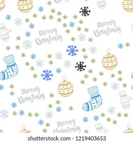 Light Blue, Green vector seamless template with ice snowflakes, balls, socks, mittens. Glitter abstract illustration with gradient. Design for wallpaper, fabric makers.