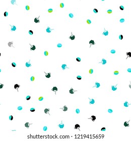 Light Blue, Green vector seamless texture with coffee beans, mugs. Gradient illustration with set of mugs, beans. Design for ad, poster, banner of cafes, restaurants.