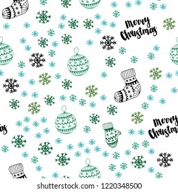 Light Blue, Green vector seamless layout with bright snowflakes, balls, socks, mittens. Glitter abstract illustration with gradient. Template for business cards, websites.