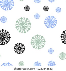 Light Blue, Green vector seamless background with xmas snowflakes. Glitter abstract illustration with crystals of ice. Pattern for trendy fabric, wallpapers.