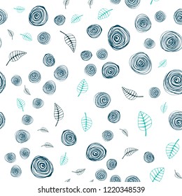 Light Blue, Green vector seamless natural backdrop with leaves and flowers. Colorful illustration in doodle style with leaves, flowers. Template for business cards, websites.