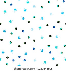 Light Blue, Green vector seamless texture with coffee beans, mugs. Decorative gradient design of coffee cups and beans. Doodle design for your business advert of cafes.
