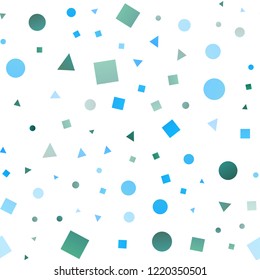 Light Blue, Green vector seamless backdrop with lines, circles, rhombus. Illustration with set of colorful circles, triangles, squares. Pattern for design of window blinds, curtains.
