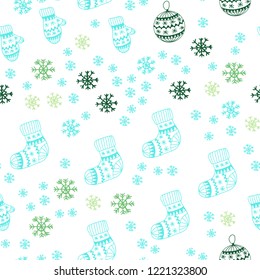 Light Blue, Green vector seamless texture with colored snowflakes, balls, socks, mittens. Modern geometric abstract illustration. Pattern for trendy fabric, wallpapers.