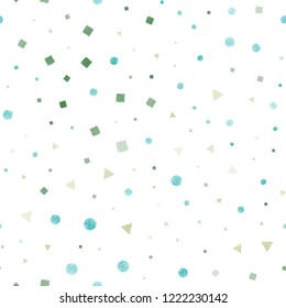 Light Blue, Green vector seamless backdrop with lines, circles, rhombus. Decorative design in abstract style with lines, dots, cubes. Trendy design for wallpaper, fabric makers.
