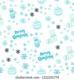 Light Blue, Green vector seamless cover with beautiful snowflakes, balls, socks, mittens. Colorful xmas elements with gradient. Design for textile, fabric, wallpapers.