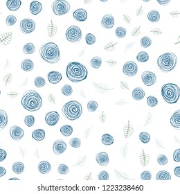 Light Blue, Green vector seamless doodle pattern with leaves and flowers. Sketchy doodles on white background. Design for textile, fabric, wallpapers.