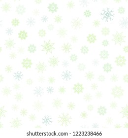 Light Blue, Green vector seamless texture with colored snowflakes. Snow on blurred abstract background with gradient. Trendy design for wallpaper, fabric makers.