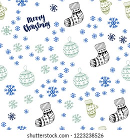 Light Blue, Green vector seamless cover with beautiful snowflakes, balls, socks, mittens. Modern geometric abstract illustration. Design for wallpaper, fabric makers.