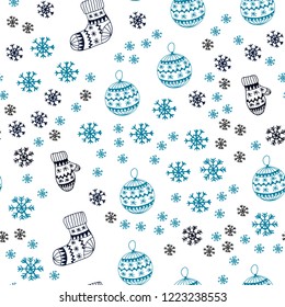 Light Blue, Green vector seamless template with ice snowflakes, balls, socks, mittens. Colorful xmas elements with gradient. Pattern for design of fabric, wallpapers.