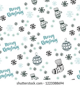 Light Blue, Green vector seamless pattern with christmas snowflakes, balls, socks, mittens. Colorful xmas elements with gradient. Pattern for design of fabric, wallpapers.