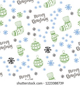 Light Blue, Green vector seamless layout with bright snowflakes, balls, socks, mittens. Modern geometric abstract illustration. Pattern for design of fabric, wallpapers.