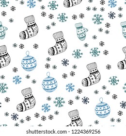 Light Blue, Green vector seamless pattern with christmas snowflakes, balls, socks, mittens. Colorful decorative design in xmas style. Design for textile, fabric, wallpapers.