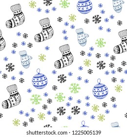 Light Blue, Green vector seamless template with ice snowflakes, balls, socks, mittens. Colorful illustration with xmas symbols. Design for textile, fabric, wallpapers.