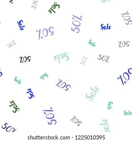 Light Blue, Green vector seamless pattern with 50 percentage signs. Shining colorful illustration with isolated selling prices. Backdrop for mega promotions, discounts.