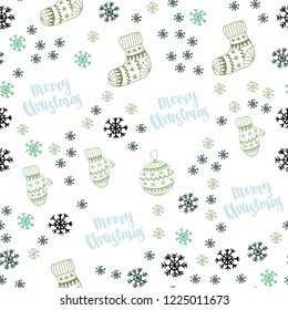 Light Blue, Green vector seamless background with xmas snowflakes, balls, socks, mittens. Modern geometric abstract illustration. Pattern for design of fabric, wallpapers.
