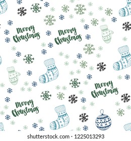 Light Blue, Green vector seamless background with xmas snowflakes, balls, socks, mittens. Colorful decorative design in xmas style. Design for textile, fabric, wallpapers.