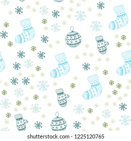 Light Blue, Green vector seamless background with xmas snowflakes, balls, socks, mittens. Colorful decorative design in xmas style. Pattern for trendy fabric, wallpapers.