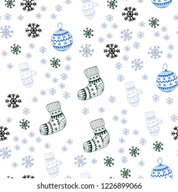 Light Blue, Green vector seamless layout with bright snowflakes, balls, socks, mittens. Colorful illustration with xmas symbols. Pattern for design of fabric, wallpapers.