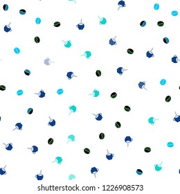 Light Blue, Green vector seamless pattern with coffee beans, cups. Gradient abstract collection of coffee cups and beans. Design for ad, poster, banner of cafes, restaurants.