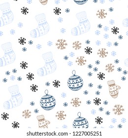Light Blue, Green vector seamless template with ice snowflakes, balls, socks, mittens. Shining colorful illustration in christmas style. Texture for window blinds, curtains.