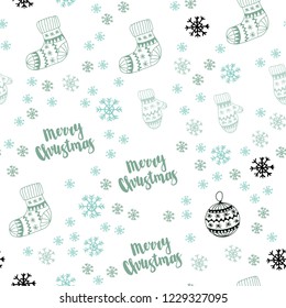Light Blue, Green vector seamless background with xmas snowflakes, balls, socks, mittens. Shining colorful illustration in christmas style. Pattern for design of fabric, wallpapers.