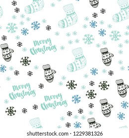 Light Blue, Green vector seamless layout with bright snowflakes, balls, socks, mittens. Modern geometric abstract illustration. Design for textile, fabric, wallpapers.