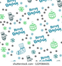 Light Blue, Green vector seamless background with xmas snowflakes, balls, socks, mittens. Colorful xmas elements with gradient. Design for textile, fabric, wallpapers.