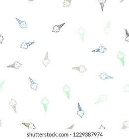 Light Blue, Green vector seamless cover with sundae ice-cream. Beautiful colorful illustration with ice-cream cones. Template of a black hot beverage in a cafe.