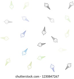 Light Blue, Green vector seamless texture with delicious ice-cream. Glitter abstract sketch with ice-cream cones. Doodle design for your business advert of cafes.