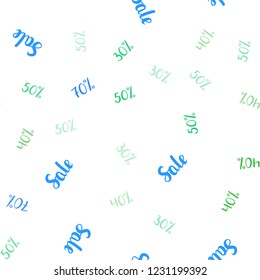 Light Blue, Green vector seamless background with 30, 40, 50 % signs of sales. Colored words of sales with gradient on white background. Backdrop for ads, leaflets of Black Friday.