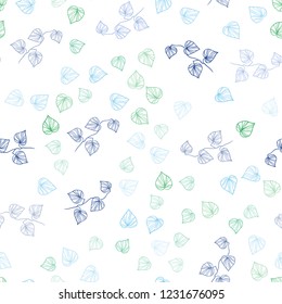Light Blue, Green vector seamless elegant background with leaves. Sketchy doodles with leaves on blurred background. Pattern for design of fabric, wallpapers.