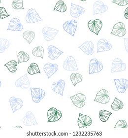 Light Blue, Green vector seamless natural background with leaves. A vague abstract illustration with leaves in doodles style. Template for business cards, websites.