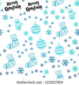Light Blue, Green vector seamless cover with beautiful snowflakes, balls, socks, mittens. Modern geometric abstract illustration. Template for business cards, websites.