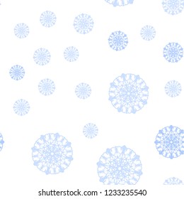 Light Blue, Green vector seamless background with xmas snowflakes. Snow on blurred abstract background with gradient. Trendy design for wallpaper, fabric makers.