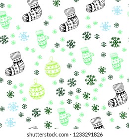 Light Blue, Green vector seamless background with xmas snowflakes, balls, socks, mittens. Modern geometric abstract illustration. Pattern for trendy fabric, wallpapers.