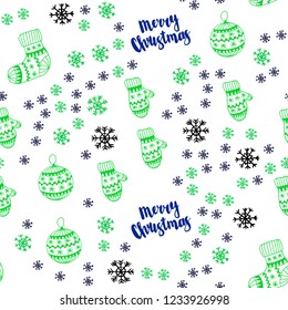 Light Blue, Green vector seamless texture with colored snowflakes, balls, socks, mittens. Colorful decorative design in xmas style. Design for wallpaper, fabric makers.