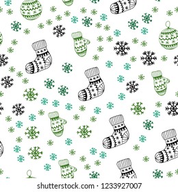 Light Blue, Green vector seamless template with ice snowflakes, balls, socks, mittens. Colorful illustration with xmas symbols. Design for textile, fabric, wallpapers.