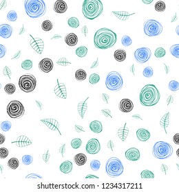 Light Blue, Green vector seamless elegant pattern with leaves and flowers. Abstract illustration with leaves, flowers in doodles style. Pattern for design of fabric, wallpapers.