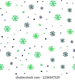 Light Blue, Green vector seamless layout with bright snowflakes. Colorful snowflakes with gradient on abstract background. Trendy design for wallpaper, fabric makers.