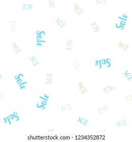Light Blue, Green vector seamless pattern with 30, 40, 50 percentage signs. Illustration with signs of sales on abstract template. Backdrop for mega promotions, discounts.