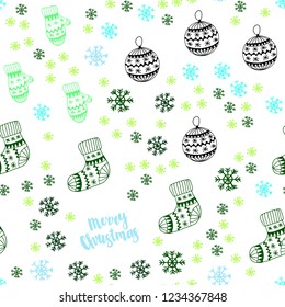 Light Blue, Green vector seamless cover with beautiful snowflakes, balls, socks, mittens. Colorful xmas elements with gradient. Template for business cards, websites.