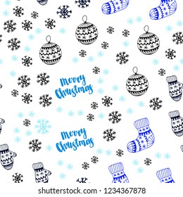Light Blue, Green vector seamless texture with colored snowflakes, balls, socks, mittens. Modern geometric abstract illustration. Pattern for design of fabric, wallpapers.