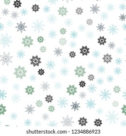 Light Blue, Green vector seamless layout with bright snowflakes. Blurred decorative design in xmas style with snow. Design for textile, fabric, wallpapers.
